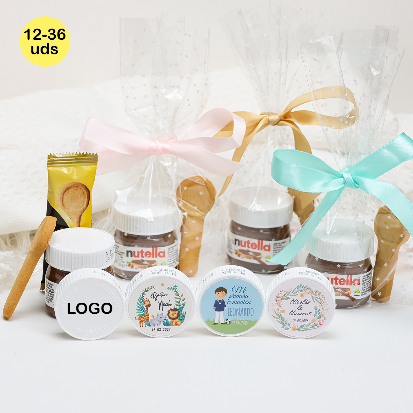 Lote de 12 a 36 unidades de Mini Nutella Personaliza 25 g con Galleta Cuchara, Detalle Dulce para Invitados, Bolsita con Lazo, Comunión Bautizo Boda, mini nutella regalo personalizado, Detalles de comunion, pack nutella eventos, Regalantes Store