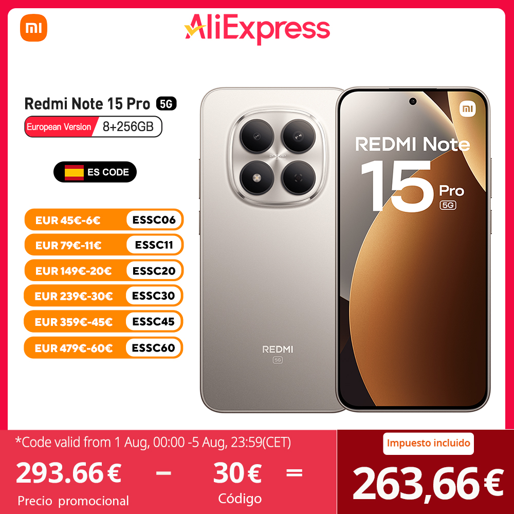 Xiaomi Redmi Note 15 Pro 5G Versión Europea 256GB/512GB Dimensity 7400-Ultra Pantalla AMOLED 6,83" 1.5K, 120Hz, 200MP, NFC, Sin Cargador