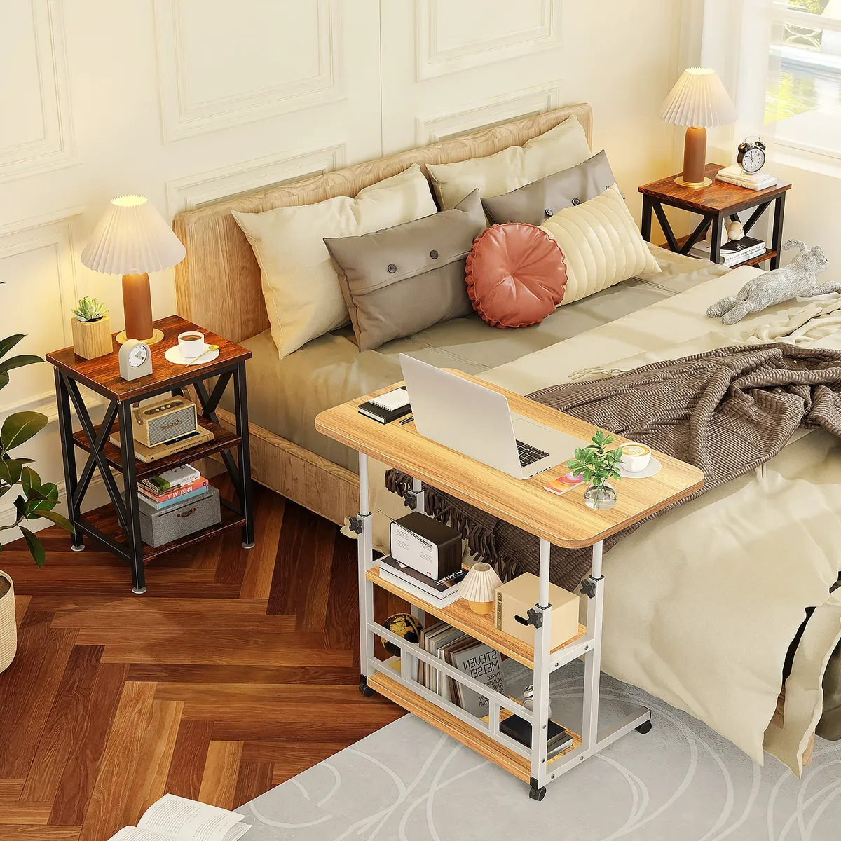 Mesa Para Laptop 3 Pisos Altura Ajustable, Mesa Lateral 60cm con Ruedas Desmontables para Sofa, Oficina y Hogar