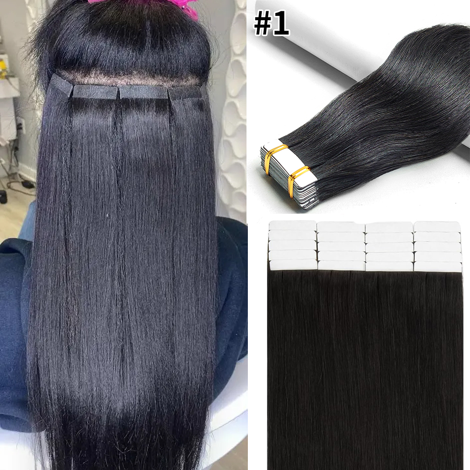 テープでヘアエクステンションストレート 100% 本物の人毛 20 個 50 グラム/パックシームレススキン横糸テープヘアエクステンション自然な黒髪