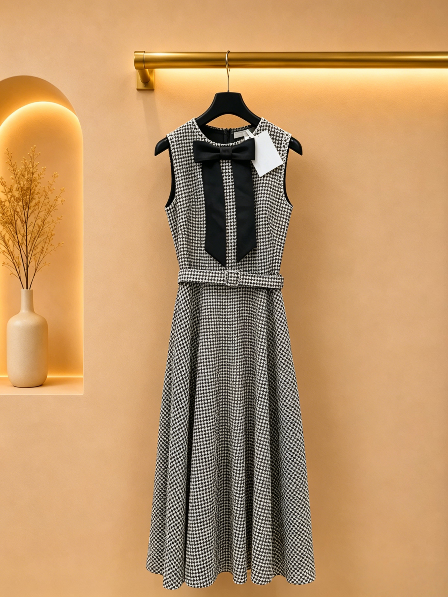 Vestido Feminino 2026 com Estampa Xadrez Delicada, Sem Mangas, com Nó Frontal e Cintura Ajustável, Silhueta Solta