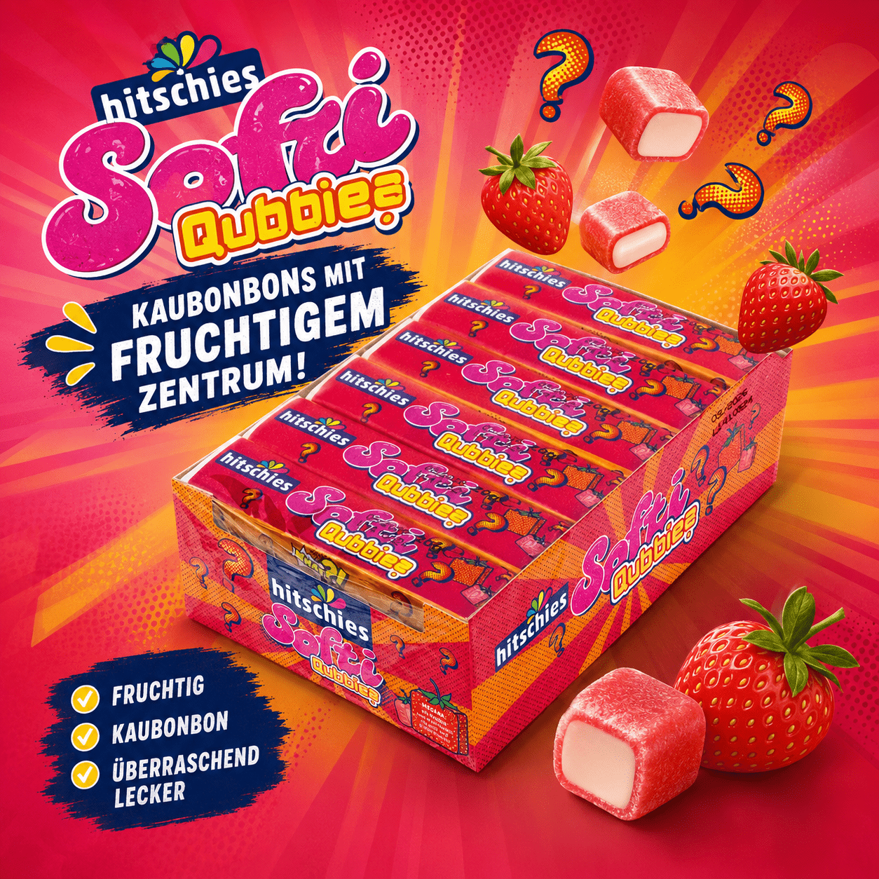 Hitschies Softi Qubbies Erdbeere 24x20g – Fruchtgummi mit Erdbeergeschmack, 480g
