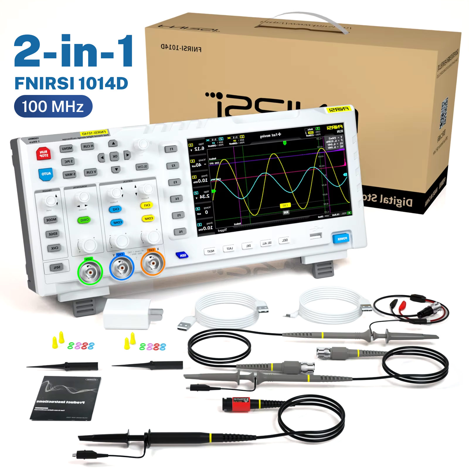 Oscilloscope numérique FNIRSI 1014D 2 en 1 avec générateur de signal à double canal, bande passante analogique 100 MHz*2, fréquence d'échantillonnage 1 GSa/s