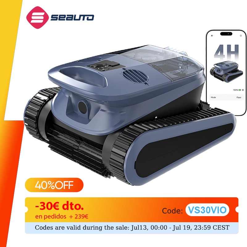 Limpador de Piscina Robótico Seauto SAT 40, 240 Minutos de Autonomia, Navegação por Sonar AI, 4 Modos de Limpeza, para Piscinas de 3200 Pés Quadrados