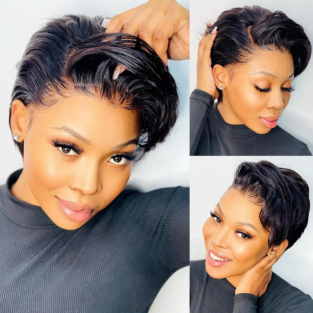 Peluca de corte Pixie 13x4, pelucas de cabello humano liso de encaje transparente, peluca de Bob corto, peluca de encaje con división en T, cabello humano brasileño para mujeres