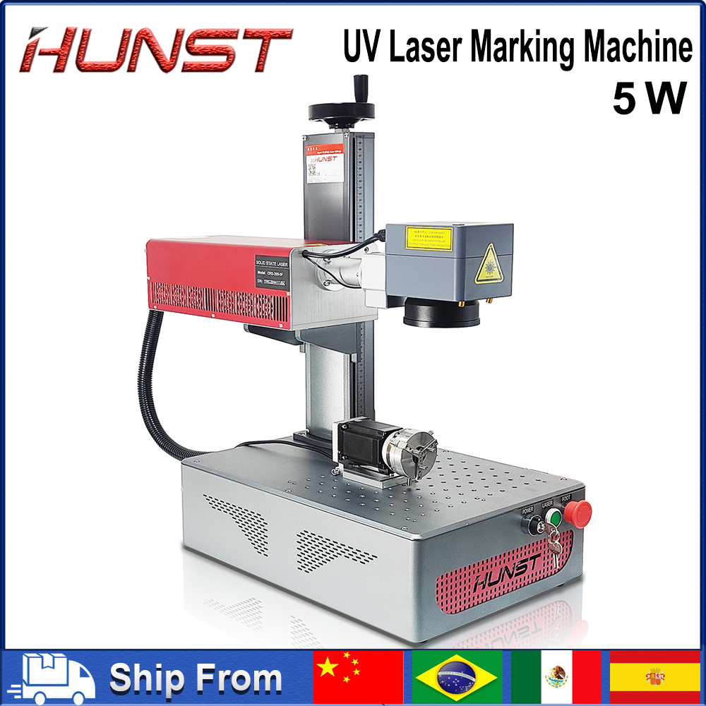 Máquina de marcação a laser UV portátil pequena de 5W HUNST é adequada para gravação em plástico, PVC, vidro, jade, garrafas de couro, etc.