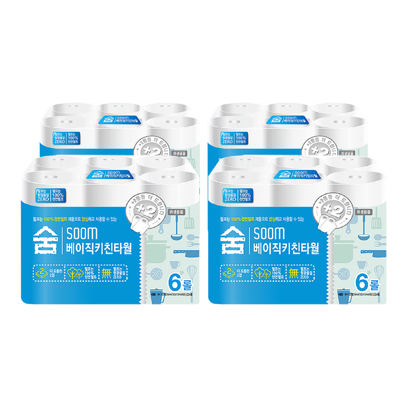 Soom 베이직 키친타올 6롤 4팩 천연펄프 무형광