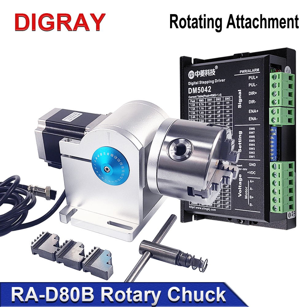 DIGRAY Rotary Attachment Diameter 80mm Rotary Device with Three Chuck +DM5042 Driver for UV CO2 & Fiber Laser Marking Machine