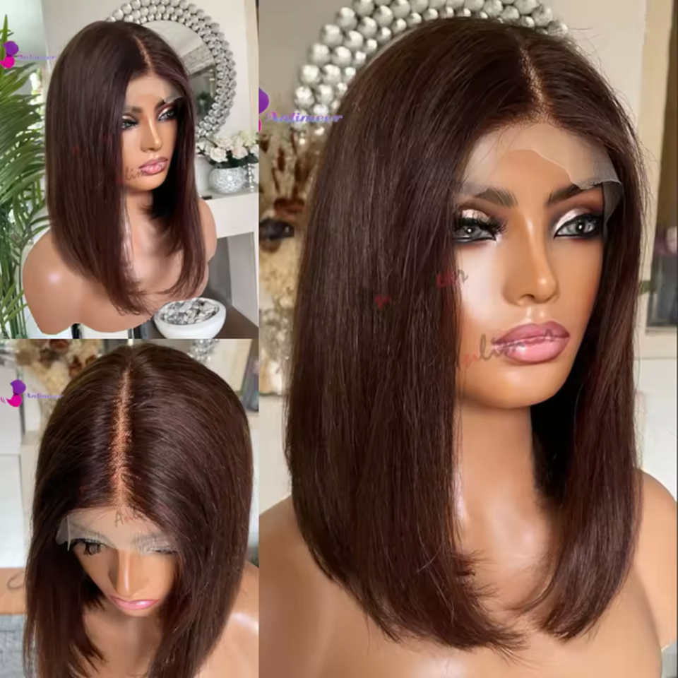 Peluca de Cabello Humano con Frente de Encaje Marrón Chocolate, Pelucas con Cierre de Cabello Humano Pre-Arrancado 5x5, Peluca Corta Bob con Frente de Encaje para Mujer