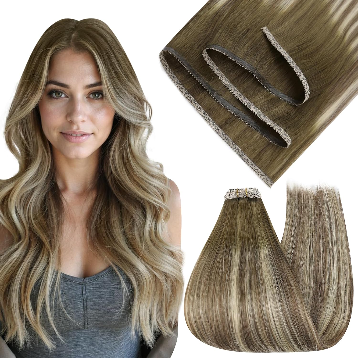 Extensiones de trama plana Moresoo, cabello Remy suave para mujeres, extensiones de cabello cosidas, cabello humano Real, Base de encaje suave, trama de pista plana