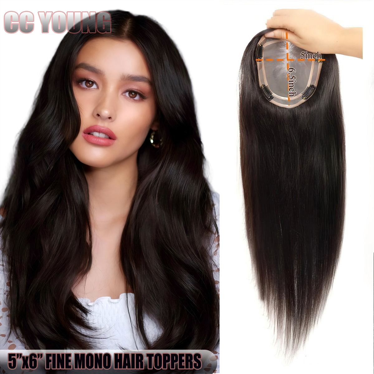 Topper de Cabello 100% Humano para Mujer, Transpirable, Base Fina de Monofilamento, con Clip, para Cubrir Cabello Gris o Fino, Mezcla Natural Sin Costuras