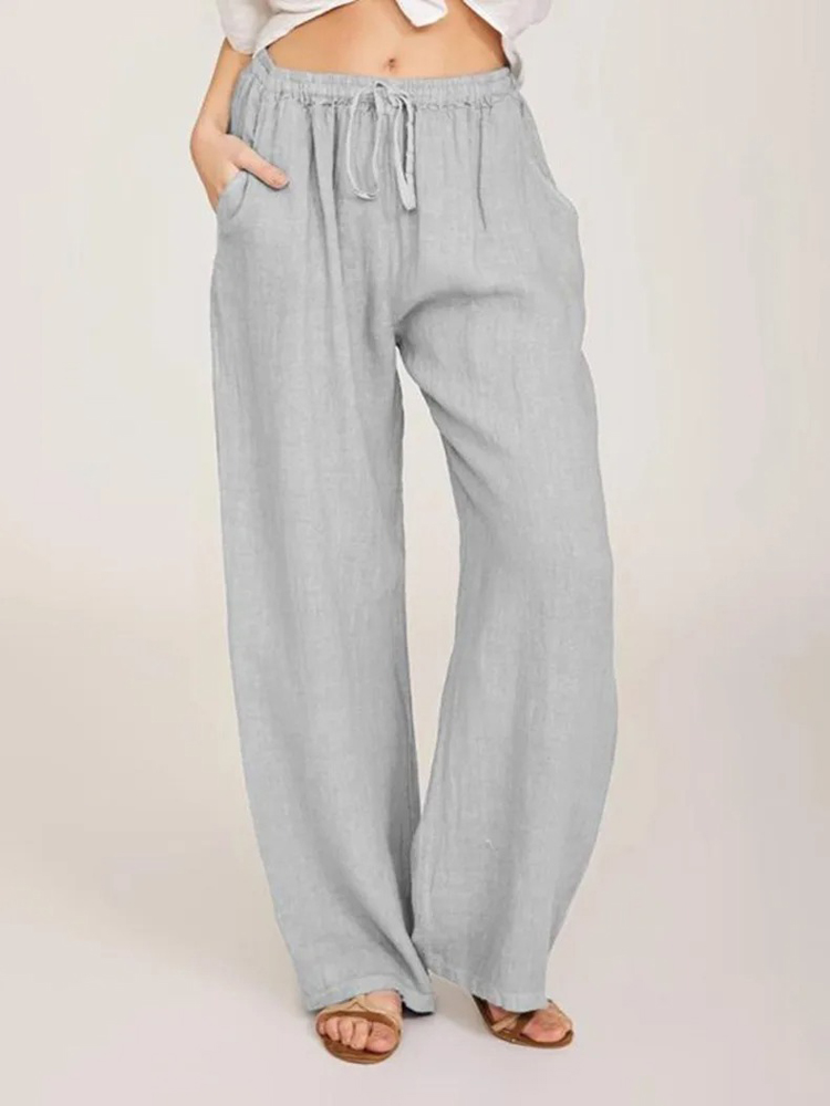 Sommer und Herbst Frauen Baumwolle Leinen Hosen Feste Beiläufige Elastische Taille Taschen Breite Bein Hosen Mode Damen Gerade Hosen