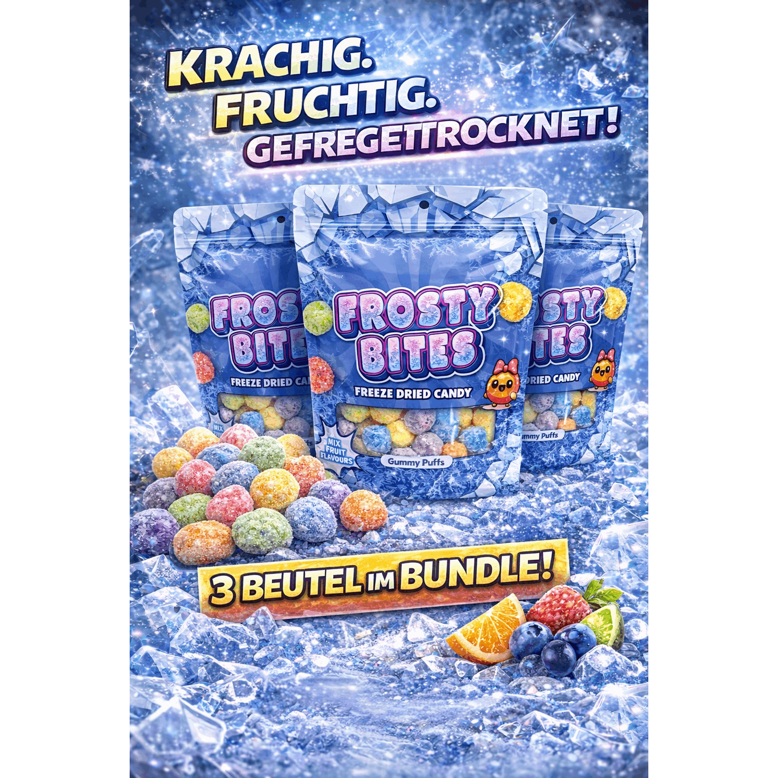 3x Frosty Bites Freeze Dried Gummy Puffs 50g – Gefriergetrocknete Fruchtgummis, 150g