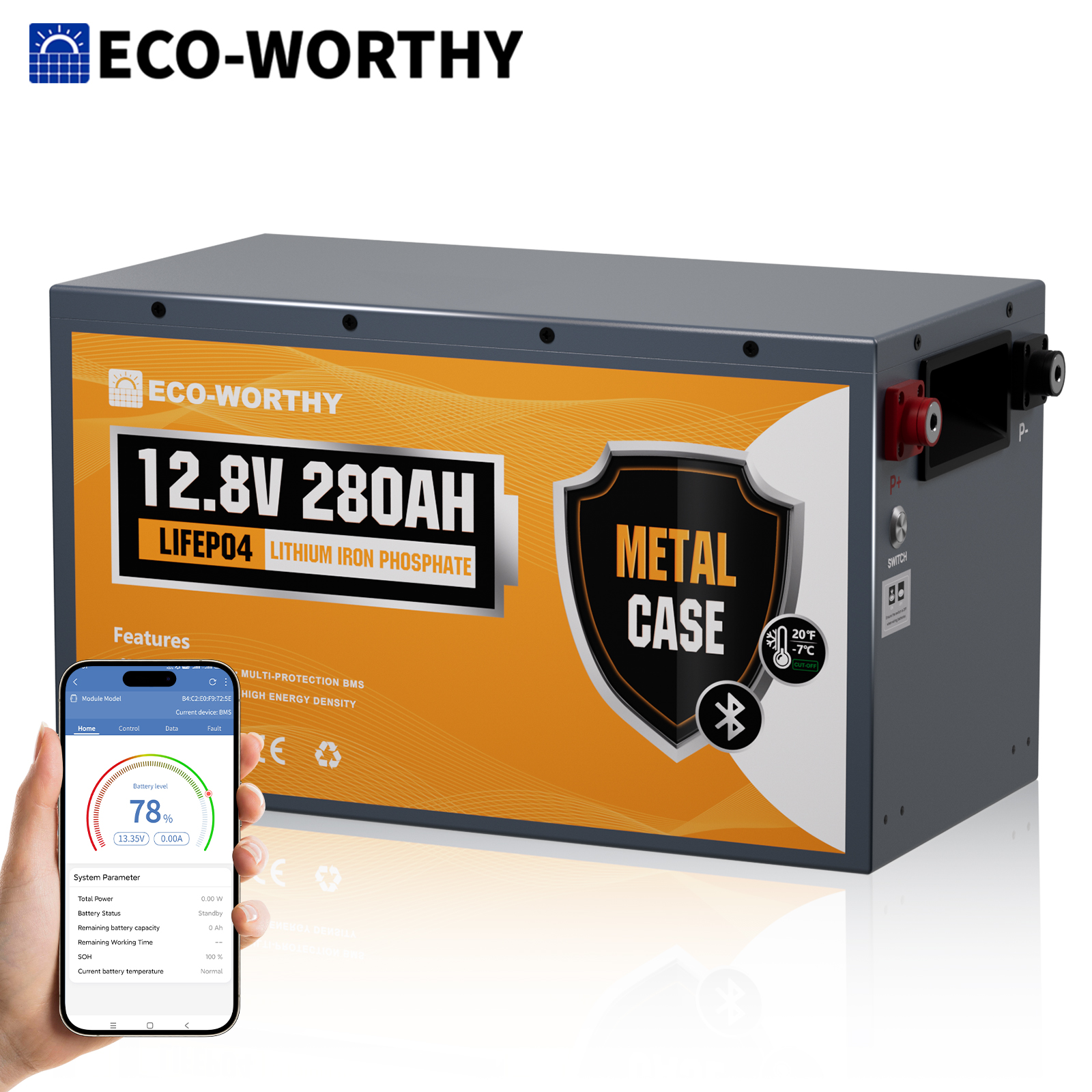 ECO-WORTHY Batería LiFePO4 de 3584Wh 12V 280Ah con Carcasa Metálica, Bluetooth y Corte por Baja Temperatura - BMS de 200A Integrado - Ciclo Profundo para Autocaravanas y Remolques