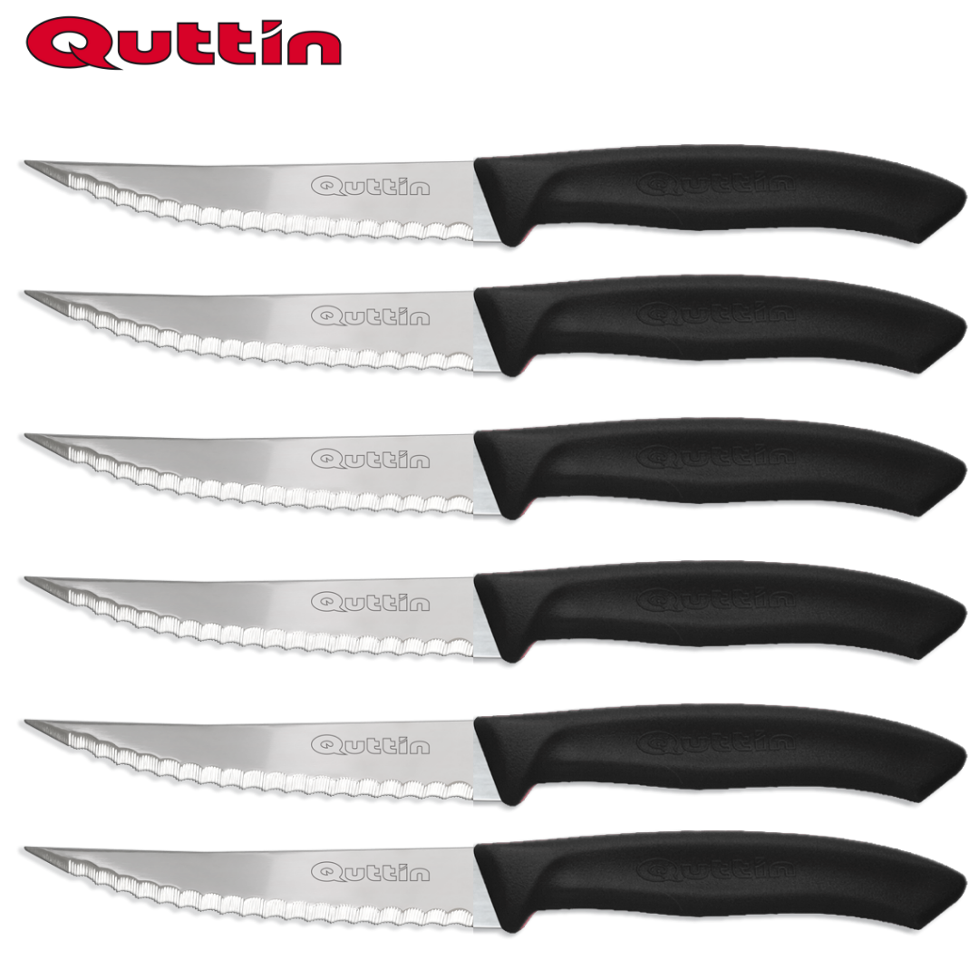 Qttin-Set 6 Mes Met Tafelzaag, Mes Hak En Keuken, 11 Cm, Praktisch En Sterk Zwart Handvat, Roestvrij Staal, Huishoudelijke Kookgerei, Voor Alle Soorten Vlees En Groenten