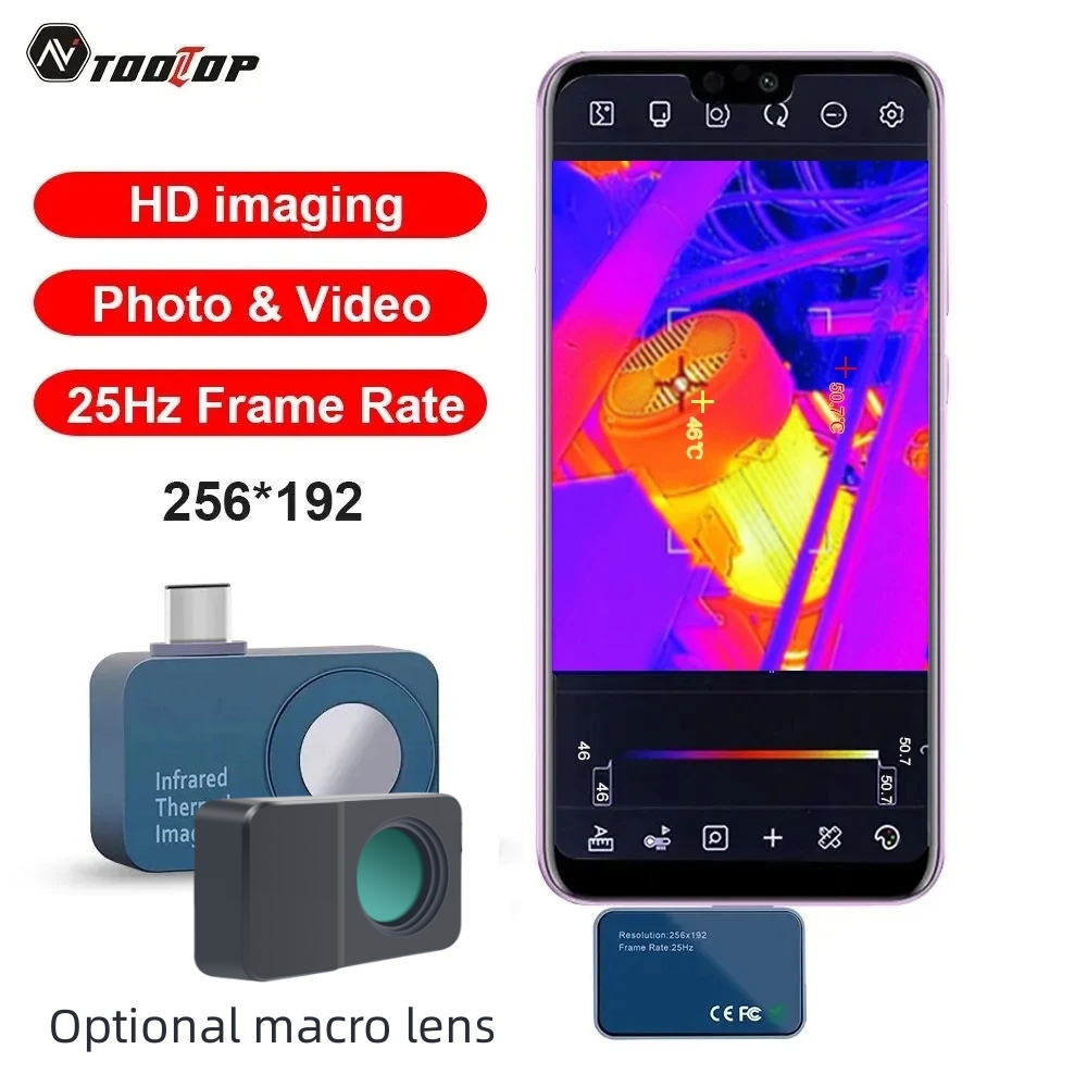 TOOLTOP T7 256*192 Android Type-C kamera termowizyjna 25 Hz mobilna kamera termowizyjna do wykrywania usterek urządzenia zasilającego panel słoneczny