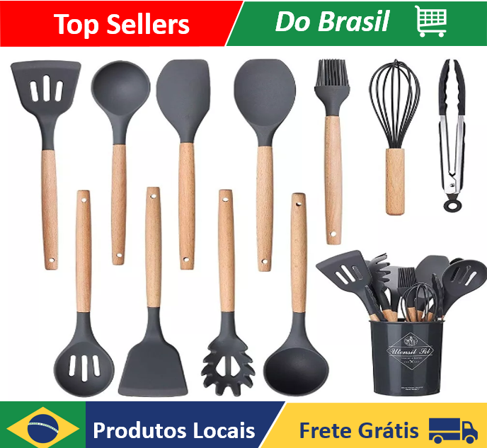 Kit 12 Utensili da cucina in silicone e cavo in legno