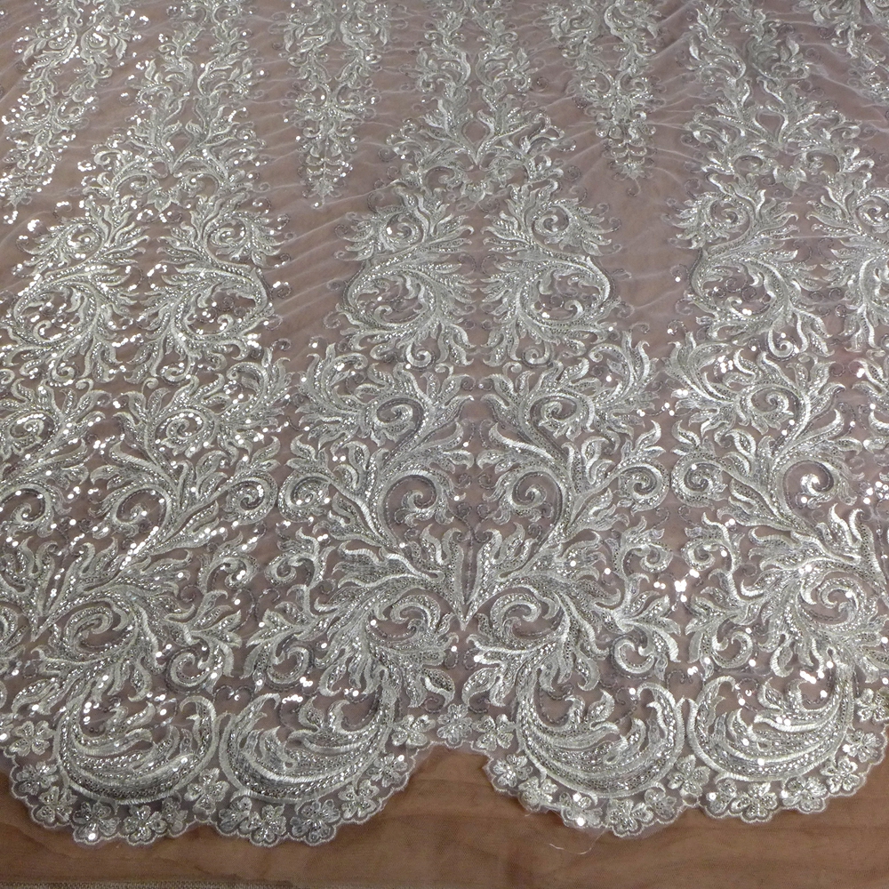 HelluyerDC Silvery beading lace fabric,One Side patterns lace for fashion,wedding,evening,dance gown by the yard