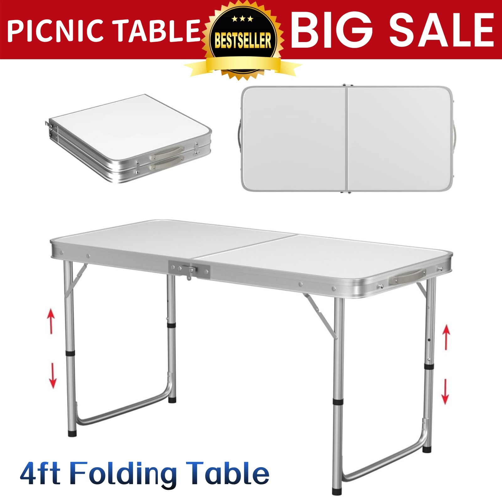 4FT opklapbare picknicktafel, camping- en tuinfeesttafel, 120x60cm - 3 hoogteverstelbare standen (70/62/55cm), met draaggreep, voor bruiloften, tuinfeesten, picknicks en barbecues