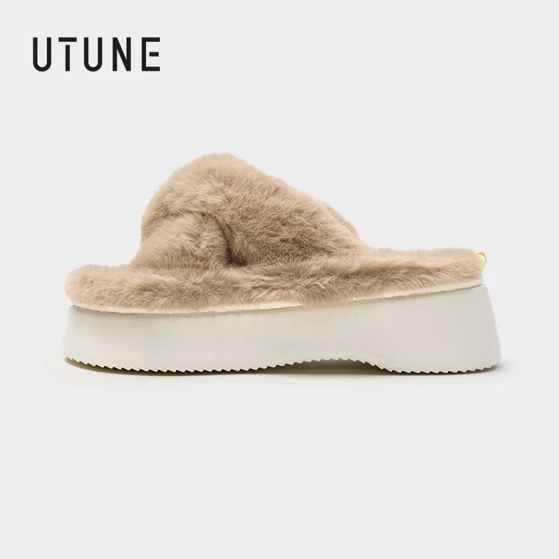 UTUNE 5.5CM damskie zimowe paski krzyżowe pluszowe sandały kapcie domowe platformy buty outdoorowe lekkie i wygodne