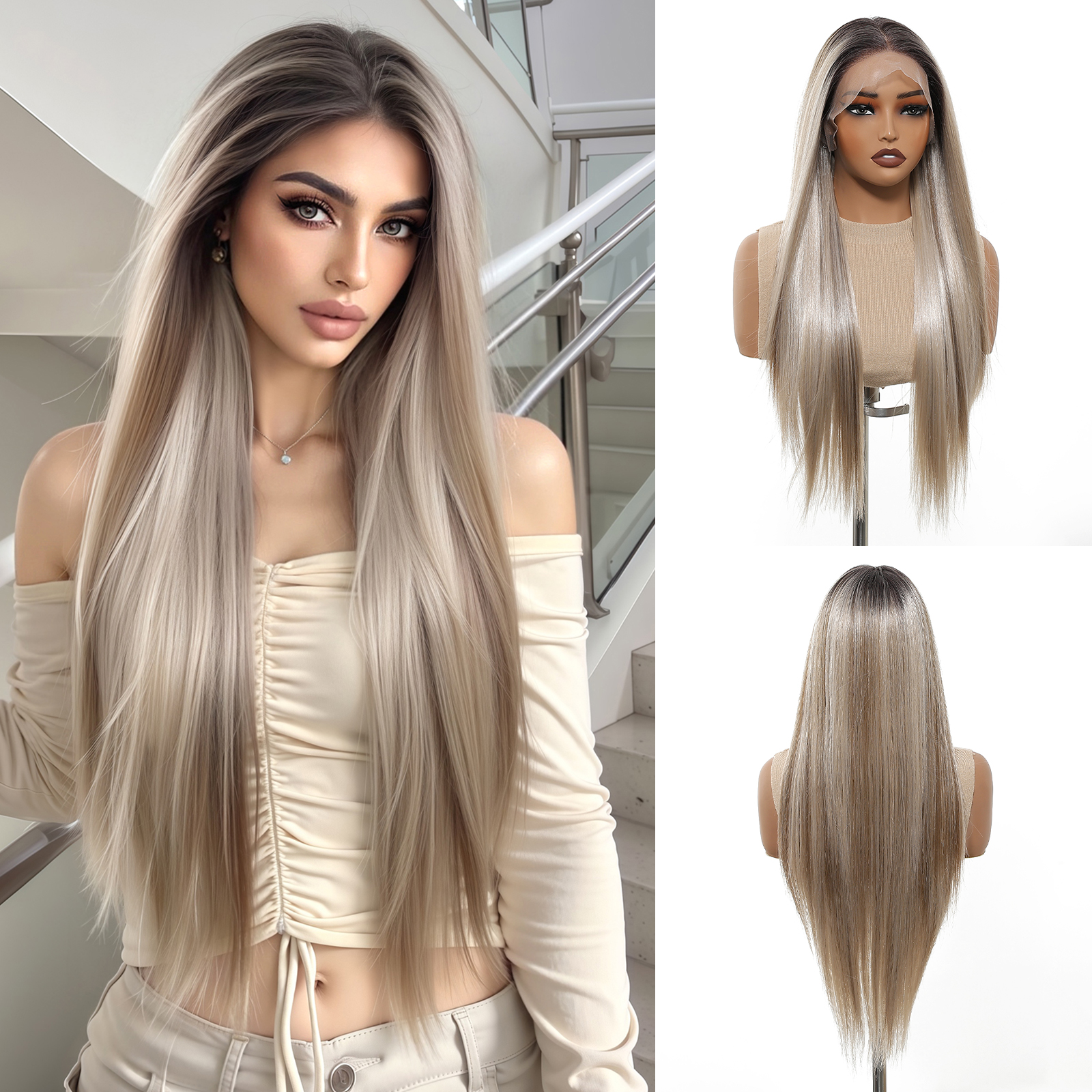 HAIRCUBE Wig Lurus Ombre Coklat Garis Rambut Alami 13*6 HD Transparan Lace Rambut Sintetis Palsu Untuk Wanita Wig Belahan Bebas