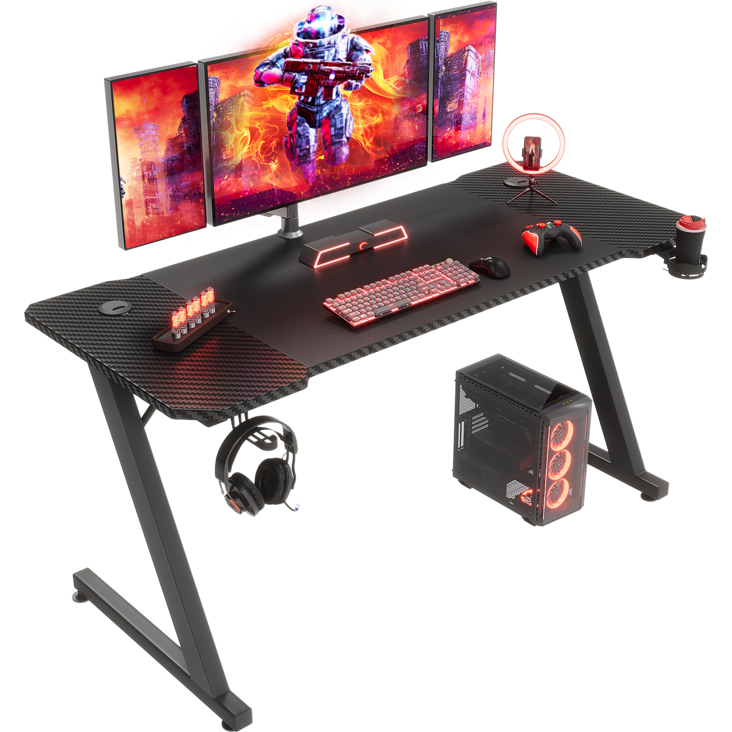Devoko Gametafel, 140 x 60 cm, met Z-frame, bekerhouder en hoofdtelefoonhaak, computertafel, pc-tafel, ergonomische gametafel