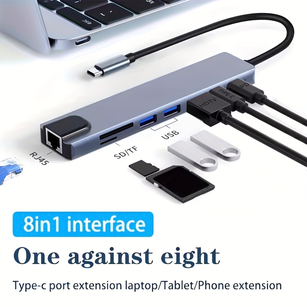 Hub Adattatore USB 8 in 1 Type-C 3.1 a 4K HDTV con Lettore Schede SD TF RJ45 e Ricarica Rapida PD per MacBook e Computer Portatili