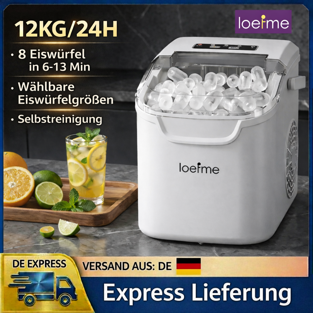 LOEFME Macchina del Ghiaccio Portatile 12kg/24h 8 Cubetti in 6-13 Min Autopulente LED con Dimensione del Ghiaccio Regolabile Serbatoio Acqua 0,8L