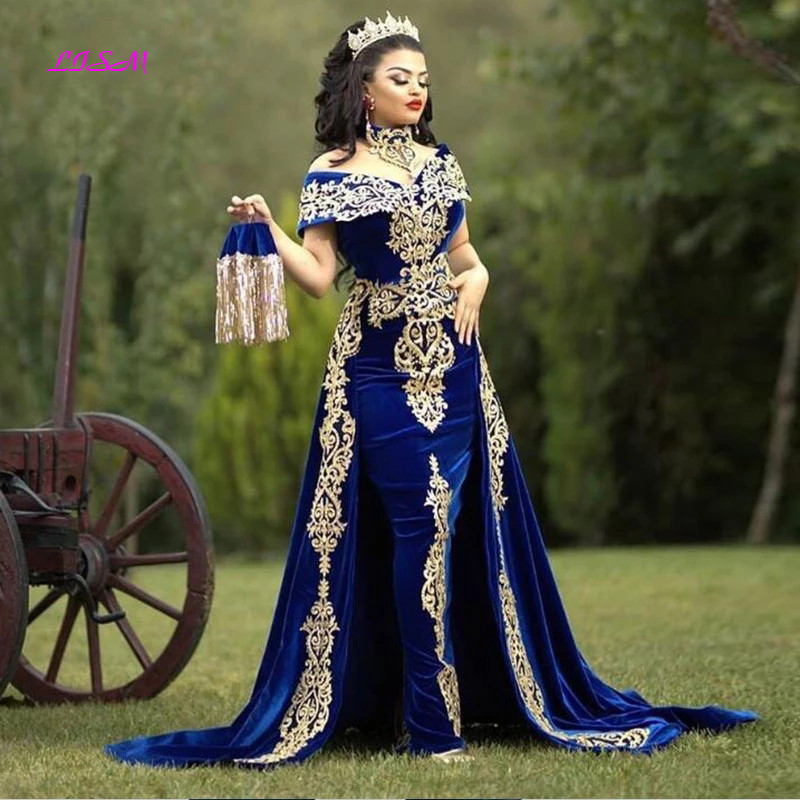 LISM ชุดราตรีทองลูกไม้ Appliques หมวก Royal Blue Mermaid กํามะหยี่คําพรหม Gowns ชุดพรรคยาว