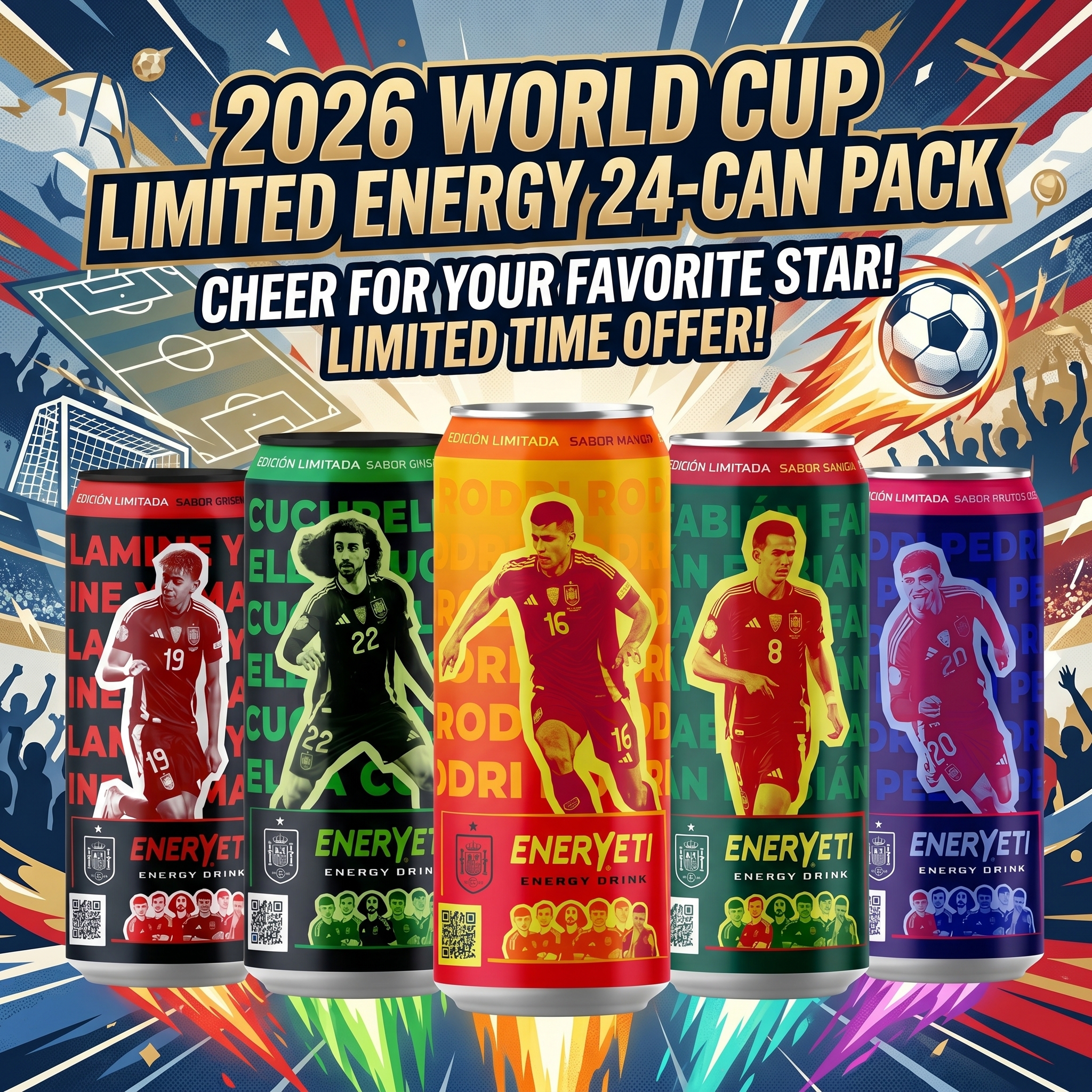 Pack 24 Latas Bebida Energética Edición Limitada de Fútbol - 5 Sabores Exclusivos Diseños Jugadores Coleccionables - Bebida para Fiestas y Eventos Deportivos - Pack Completo Reuniones