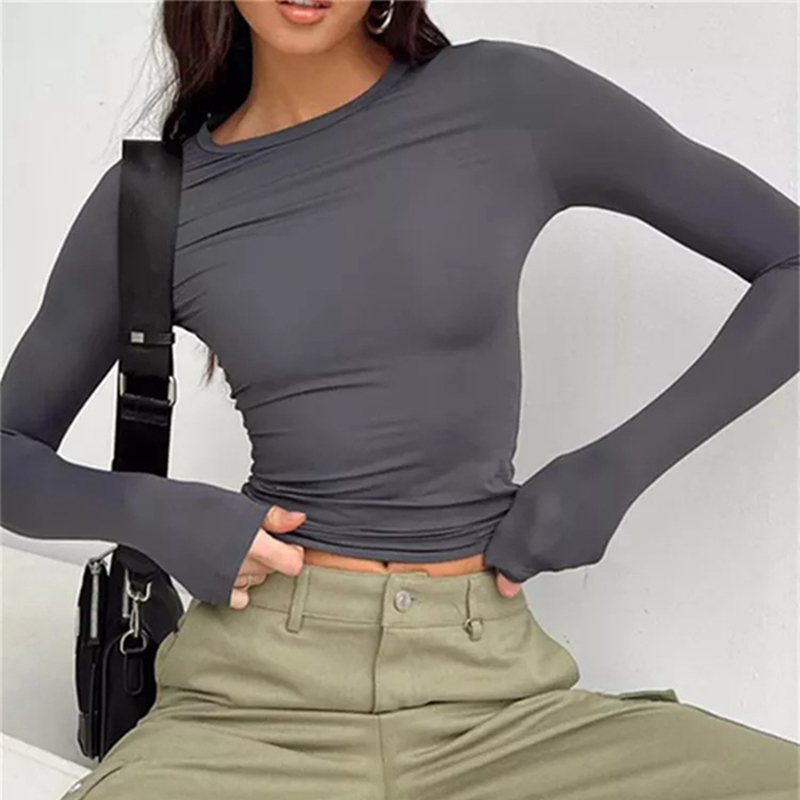 女性長袖 Tシャツ春秋固体スリムフィットカジュアルシャツ女性プルオーバー基本 Tシャツ Y2k 服ストリートクロップトップス