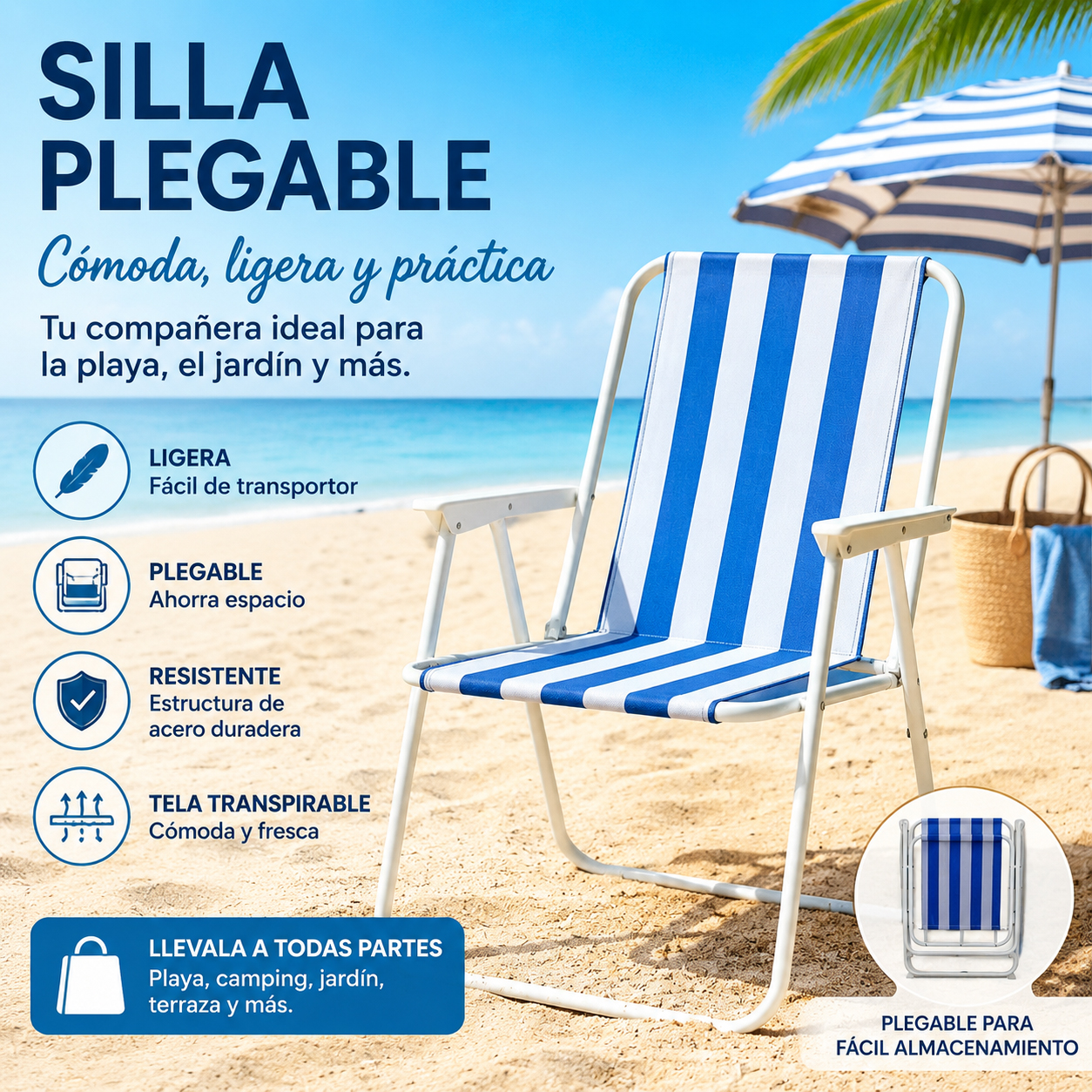 Opvouwbare strandstoel met gestreept ontwerp en armleuningen, lichtgewicht en stevige campingstoel met stalen structuur, ademende draagbare stoel, gemakkelijk te transporteren en op te bergen, ideaal voor strand, tuin, terras, picknick en buitenactiviteit