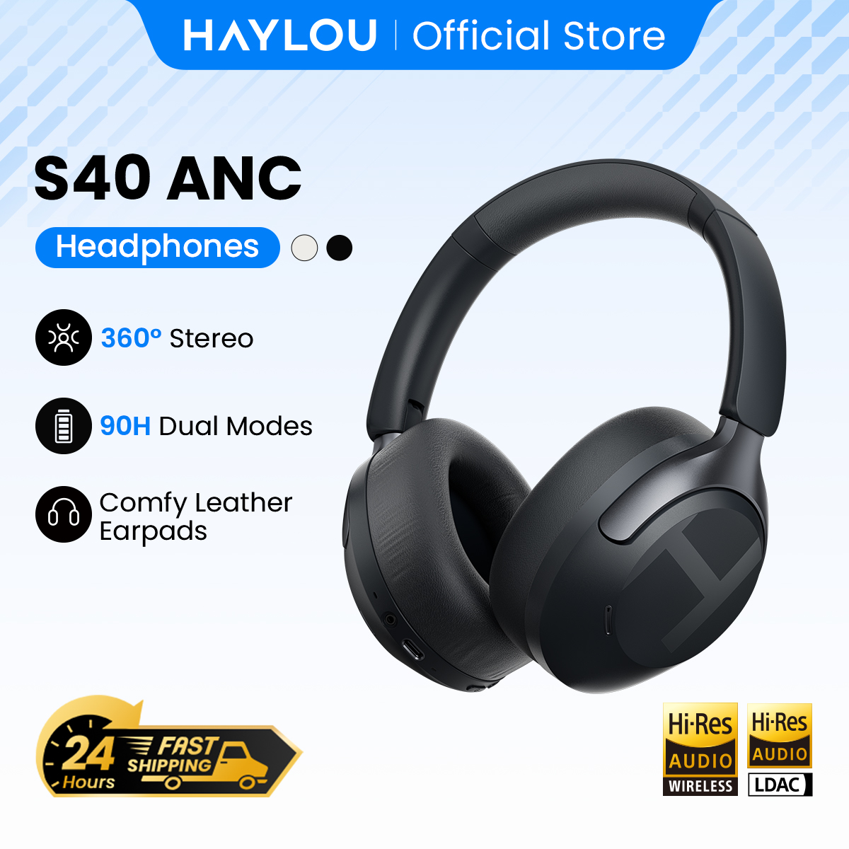 Casque sans fil HAYLOU S40 ANC avec réduction de bruit de 50 dB, audio spatial 3D haute résolution, écouteurs avec LDAC Bluetooth 6.0, casque supra-auriculaire