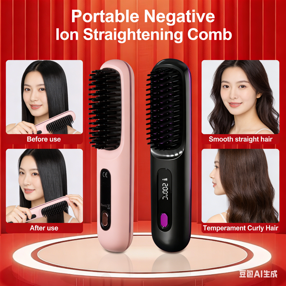 แปรงหนีบผมไฟฟ้าแบบพกพาหวีผมตรงแฟชั่นมืออาชีพชาร์จไฟได้ด้วย USB ประจุลบ