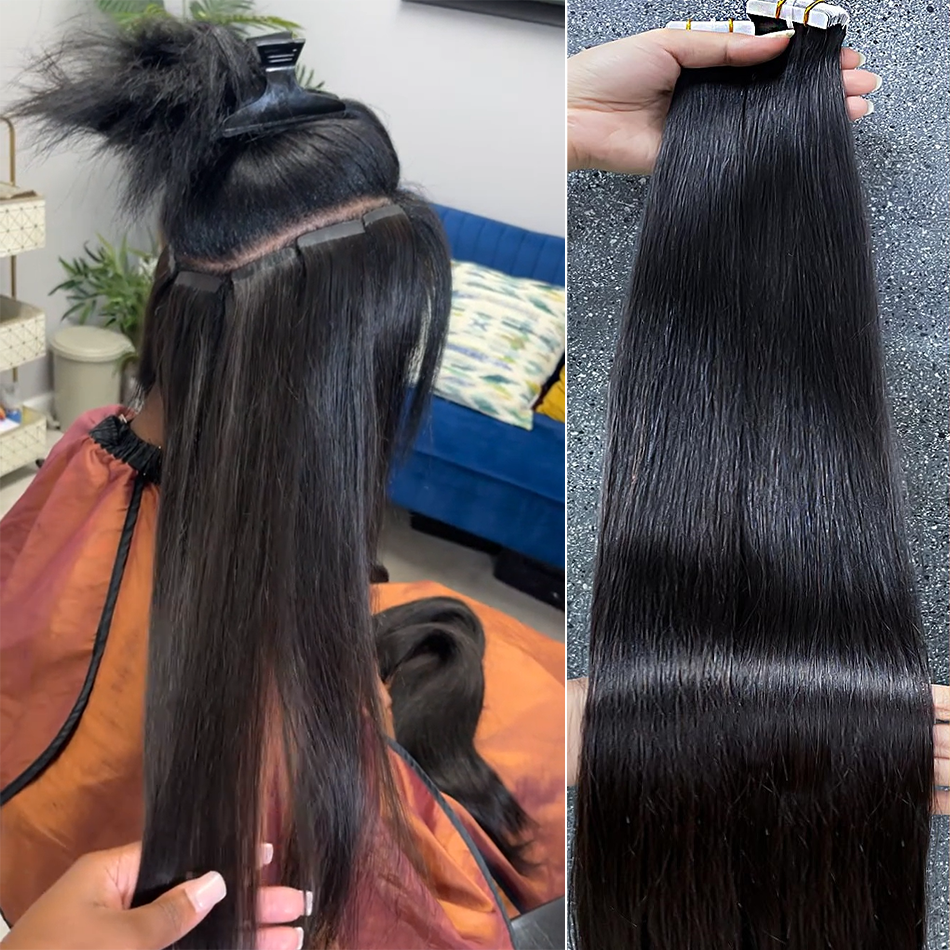 Tape-in-Haarverlängerungen, natürliches Echthaar, brasilianisches Originalhaar, 100 % echte Echthaarverlängerungen, 20 Stück, glatt, für Frauen