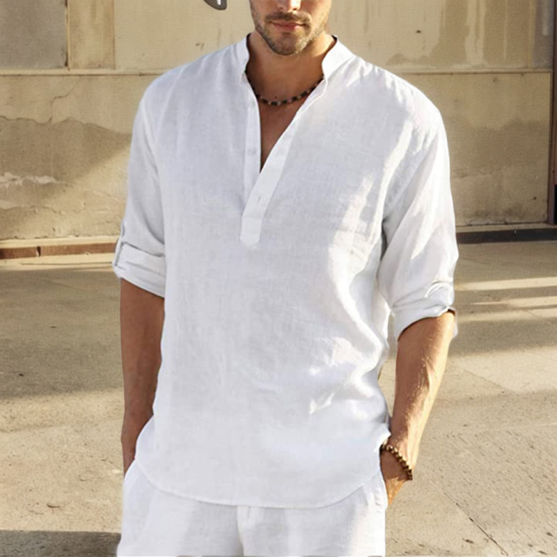 Blusa casual solta camisa masculina algodão linho moda gola pura manga longa camiseta bonito encaixe superior masculino wear