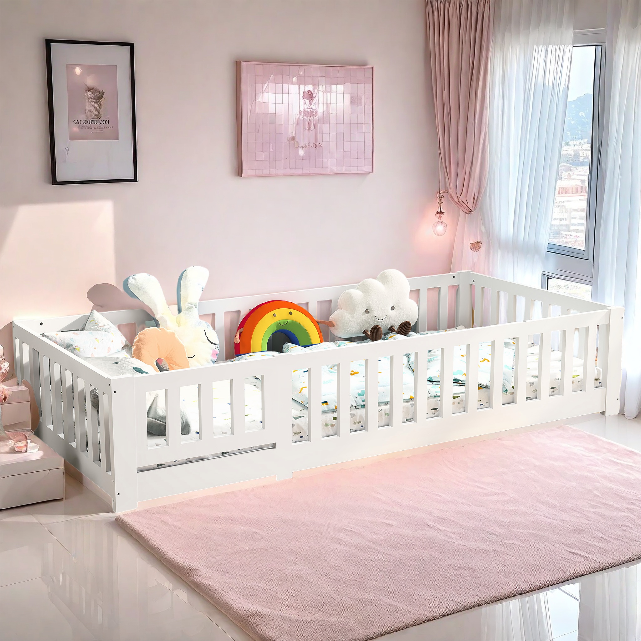 Łóżko dziecięce 90x200 cm, łóżko podłogowe Montessori z zabezpieczeniem przed upadkiem i stelażem z listew, łóżko z litego drewna sosnowego, łóżko młodzieżowe o nośności do 100 kg, łóżko pojedyncze dla
