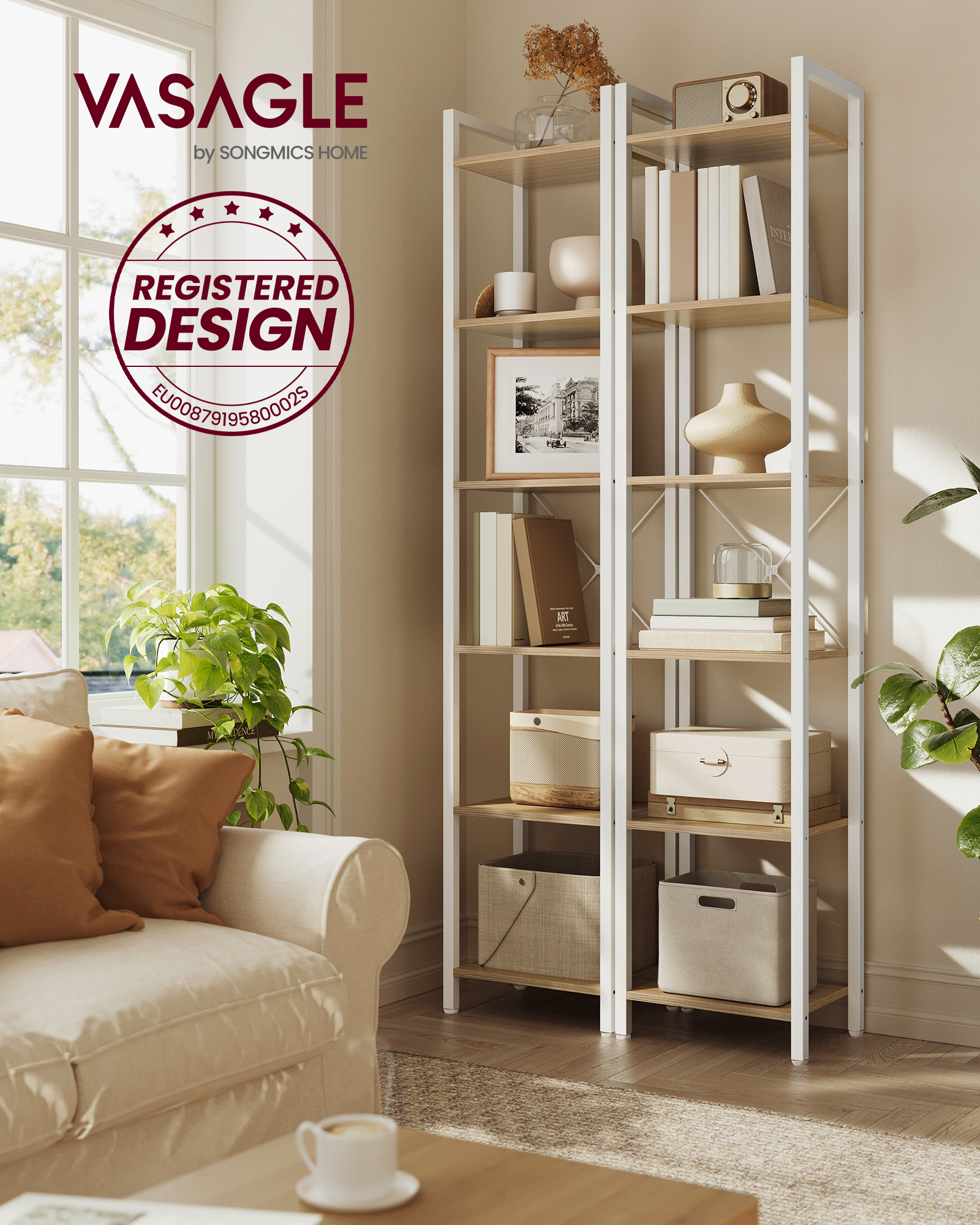VASAGLE Librería de 6 Niveles, Biblioteca, Estantería para Oficina, Estudio, Sala de Estar, Dormitorio, 30 x 40 x 187,5 cm, Industrial, Beige Natural y Blanco Nube