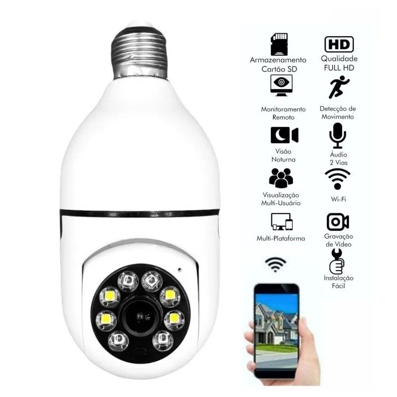 Câmera segurança wifi ip sem fio 360 com encaixe lampada bocal aplicativo KAPBOM yoosee ptz full HD visão noturna - bivolt