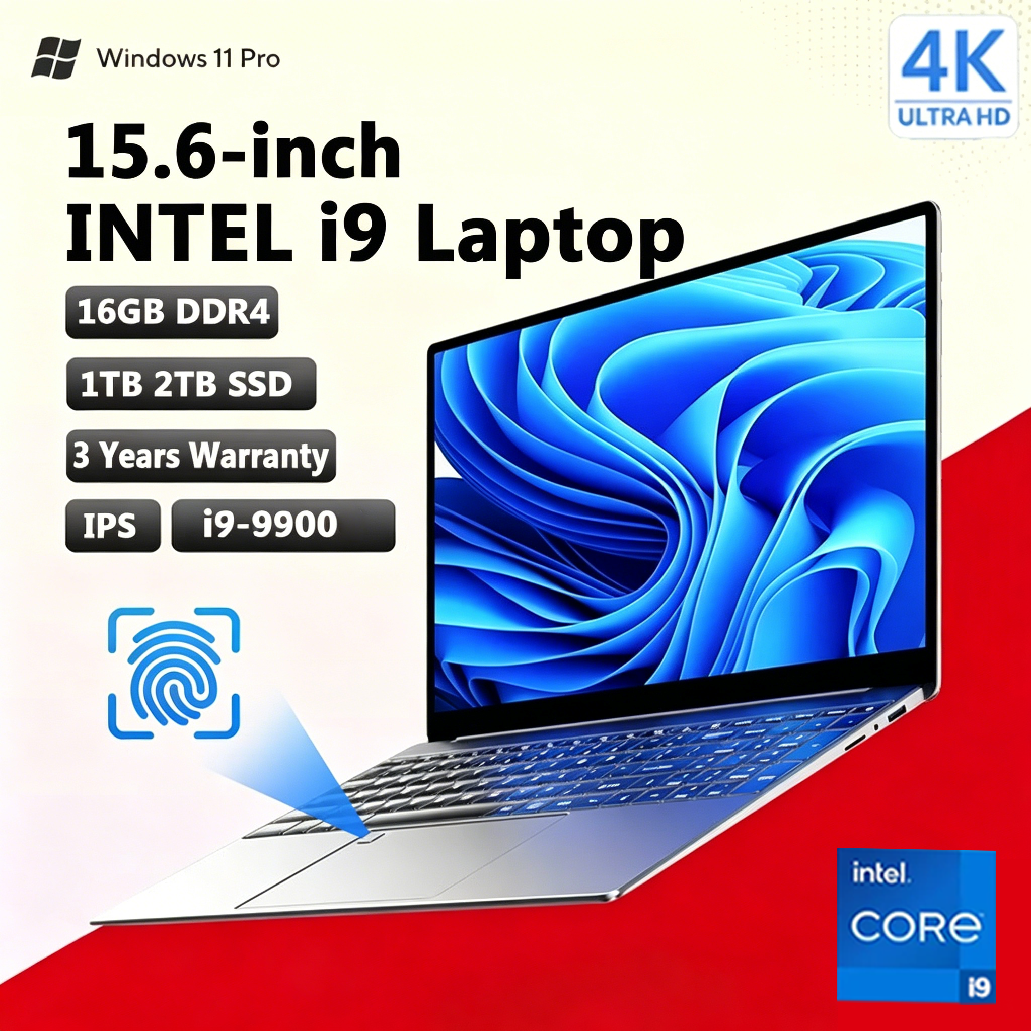 15,6 inch Windows 11 laptop, Intel Core i9-9900 processor, 16GB RAM, 1TB SSD, Office laptops, vingerafdruksensor, notebook