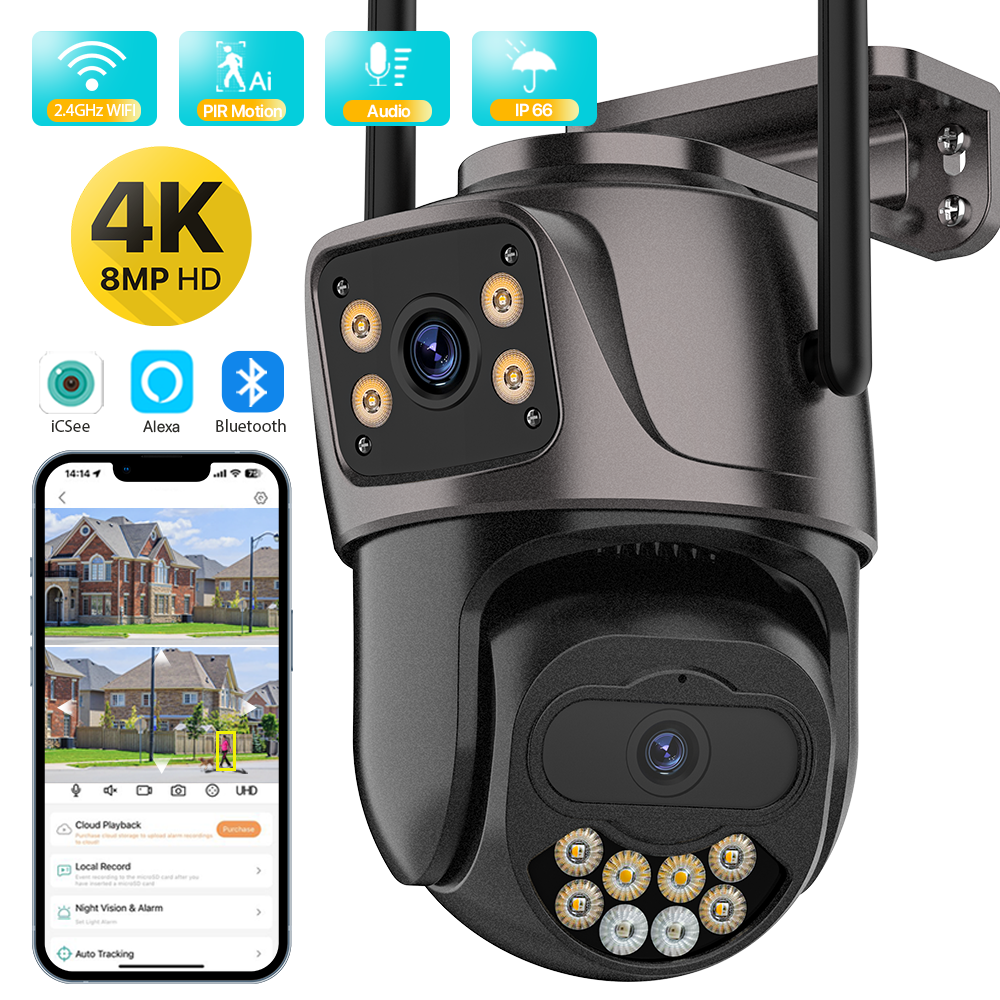 Zewnętrzna bezprzewodowa kamera bezpieczeństwa IP 4K 8MP HD podwójny obiektyw zewnętrzna kamera Wifi PTZ automatyczne śledzenie uliczna kamera monitorująca iCsee