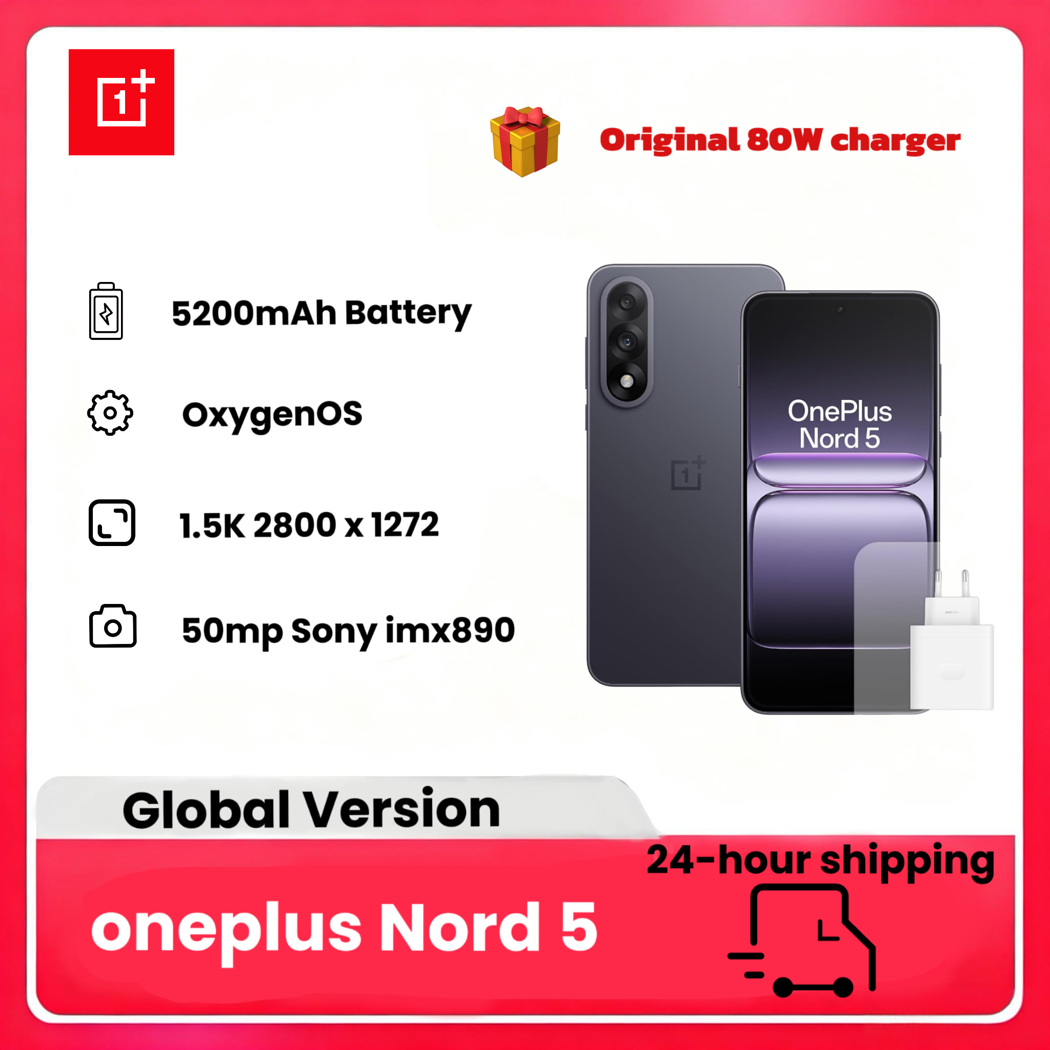 OnePlus Nord 5 Smartphone, 6,83 inch AMOLED-scherm, Snapdragon 8s Gen 3, dubbele camera 50 MP, 5200 mAh batterij, met 80W oplader