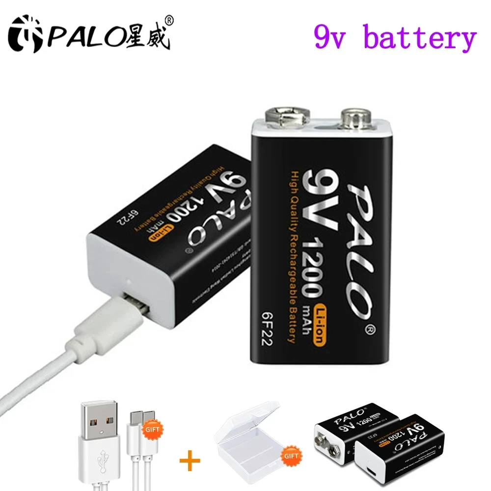 PALO-batería recargable de 1200mAh, 9V, 6F22, 9V, carga USB, baterías de iones de litio para Detector de metales, modelo de micrófono de juguete