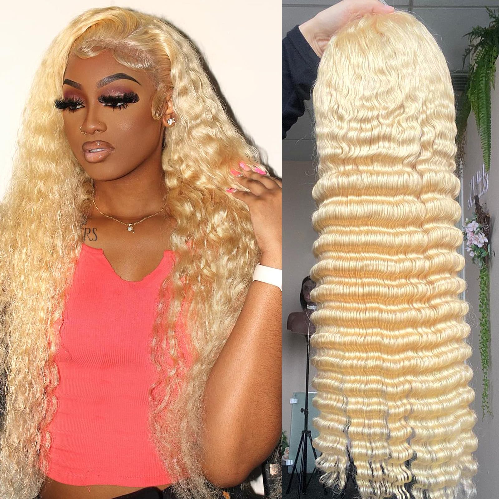 Perruque Lace Front Wig naturelle bouclée, Deep Wave, blond miel 613, 13x4, 13x6, perruque pour femmes, 38 amaran