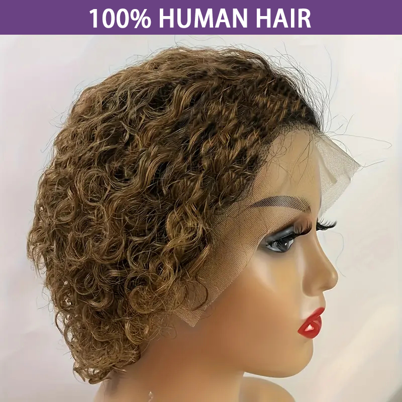 Peluca de pelo corto rizado con encaje frontal transparente, pelo Bob Pixie, 13x4, 4/27