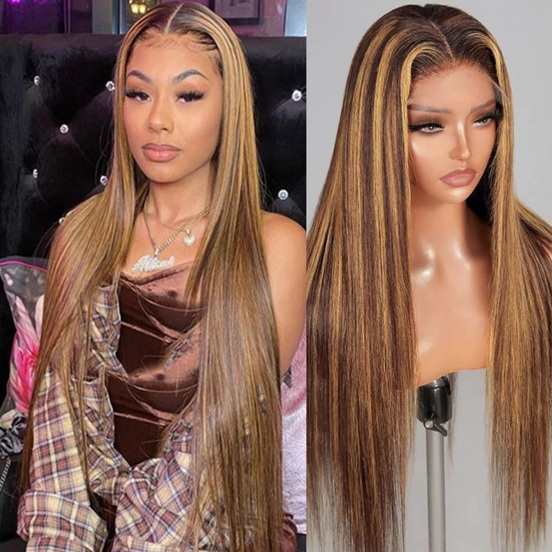 Wig sorot 32 34 inci rambut manusia madu pirang 4/27 Wig Frontal 13x6 renda Frontal 200% rambut Brazilian untuk wanita
