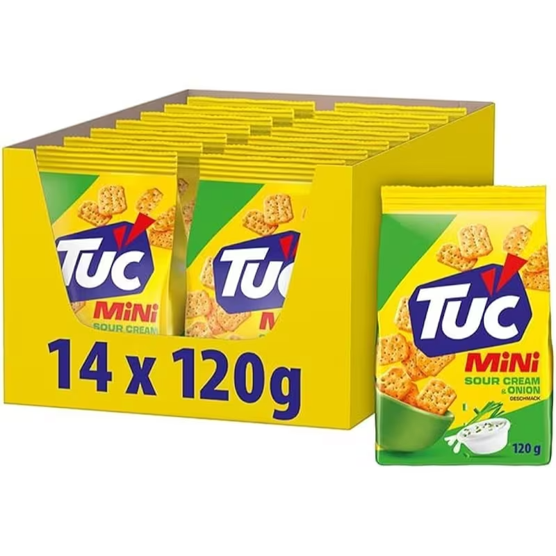 TUC Mini Sour Cream & Onion Cracker 14 x 120g (1.680g) – Knusprige Mini-Cracker mit Sauerrahm-Zwiebel Geschmack