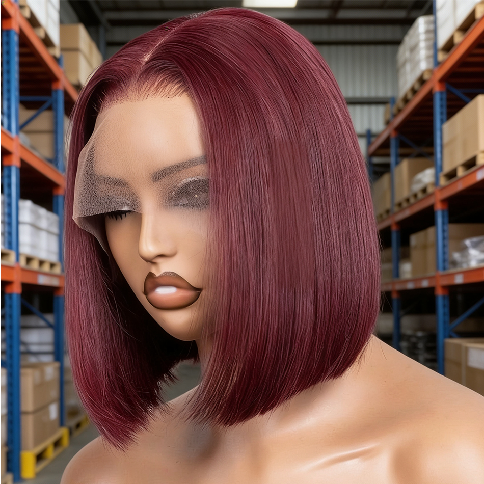 Peruka Bob Krótka Prosta w Kolorze Burgundowym 99J, Peruki z Przednią Koronką 13x4, Czerwona Peruka z Koronką, Brazylijskie Włosy Remy 100% Ludzkie, Długość 12 14 Cali