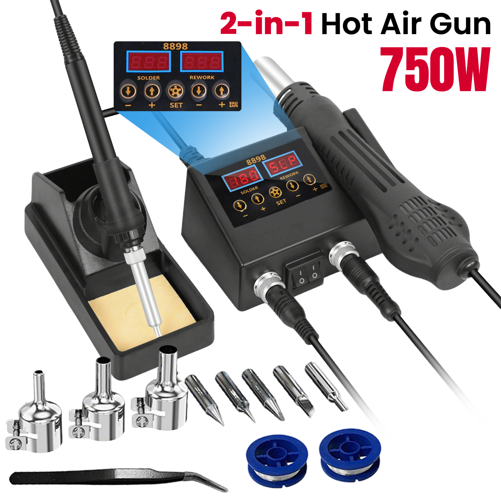 Stacja lutownicza 8898 2 w 1 z cyfrowym wyświetlaczem, pistolet na gorące powietrze, do naprawy telefonów komórkowych, BGA, SMD, PCB, IC, lutownica.