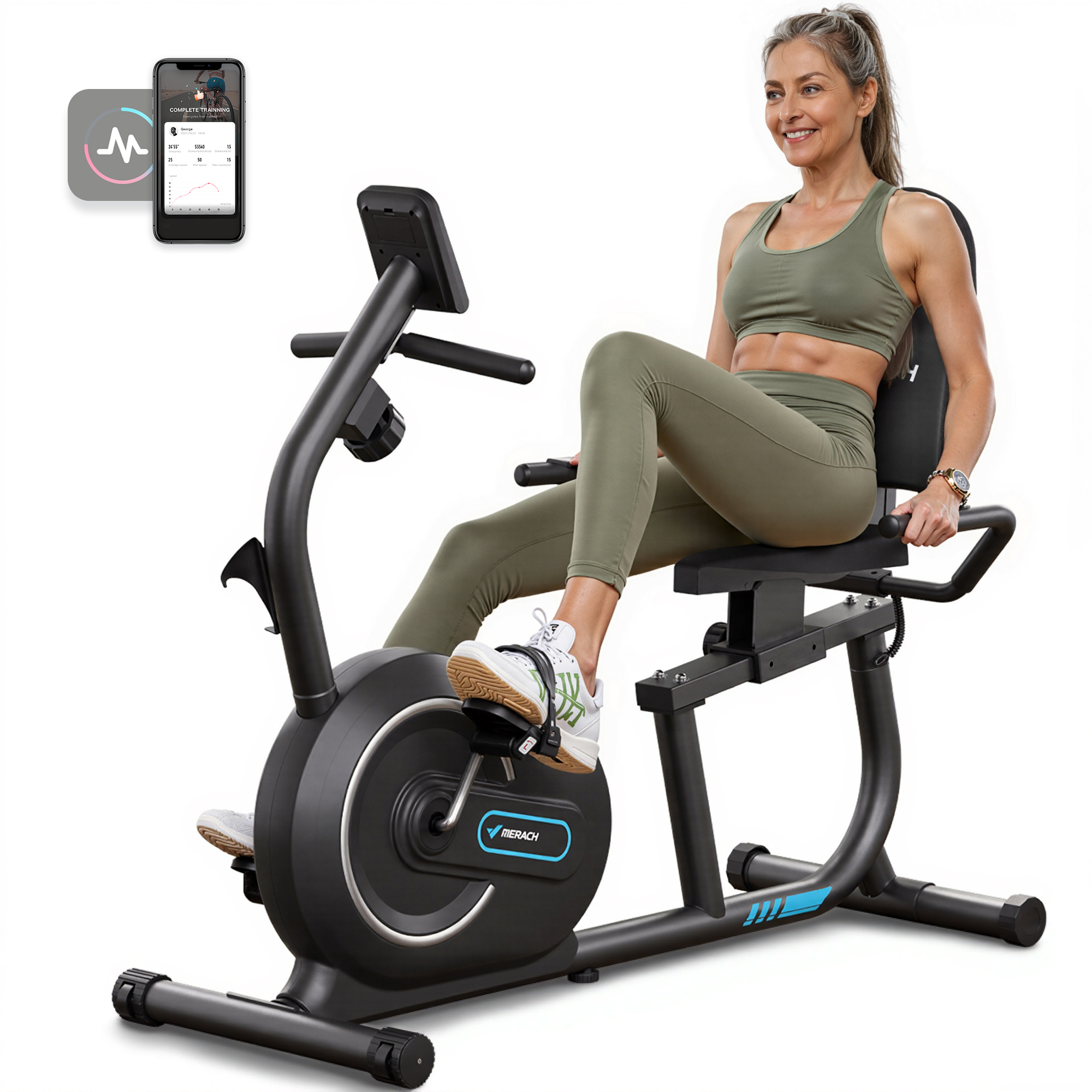 Rower treningowy MERACH do ćwiczeń w domu, inteligentne połączenie Bluetooth z ekskluzywną aplikacją, wyświetlacz LCD, pomiar tętna, magnetyczny rower treningowy.